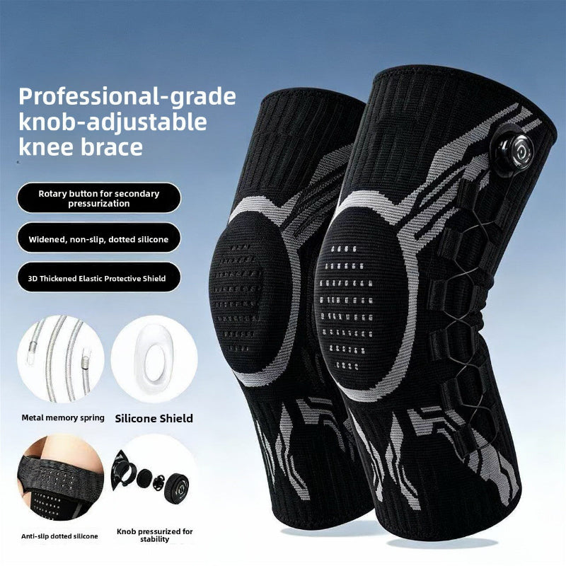 Two black adjustable knee braces with gray and white geometric patterns, shown on a blue gradient background with product feature callouts and text.